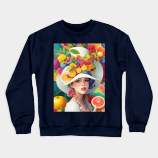 А woman with a white hat and some colorful fruity Crewneck Sweatshirt